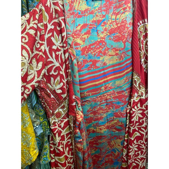 REVERSIBLE SILK DRESS Red Wrap Dress Duster Jacket Boho Hippie 100% Silk One Siz - Picture 5 of 5